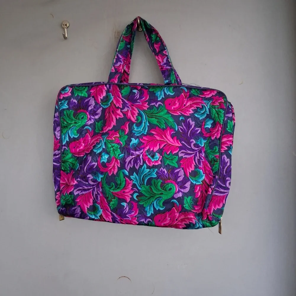 Vintage Leslie Fay Floral Travel Organizer Bag Purple Pink Jewel Tone 90s
